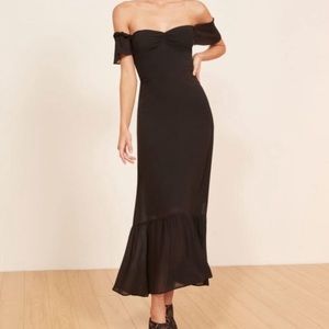 Reformation Butterfly Dress in Black off Shoulder Bridal Ruffle Hem Midi